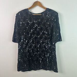 Jakelin Designs Black Silk Sequin Beaded Short Sleeve Evening Blouse Top MOB 2X